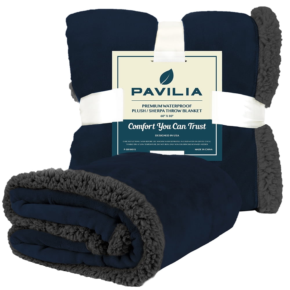 PAVILIA WATERPROOF Blanket For Couch, Sofa | Waterproof Dog Blanket for Large Dog, Puppy, Cat | Pet Blanket Protector | Plush Soft Warm Fuzzy Sherpa Blanket Bed Throw, Navy, 90x90