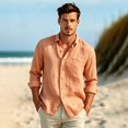 thumbnail image 5 of Casual Linen Shirts for Men Long Sleeve Button Up Regular Fit Breathable Summer Tops Solid Color Lightweight Beach Holiday Outfit Mens Clothing Saffron S, 5 of 8