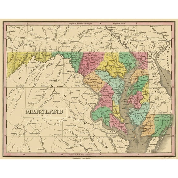 Historic State Map - Maryland - Finley 1831 - Vintage Wall Art