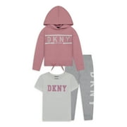 DKNY Girls' Logo Zip-Up Fleece Hoodie, T-Shirt and Sweatpants, 3-Piece Athleisure Set, Sizes 7-12