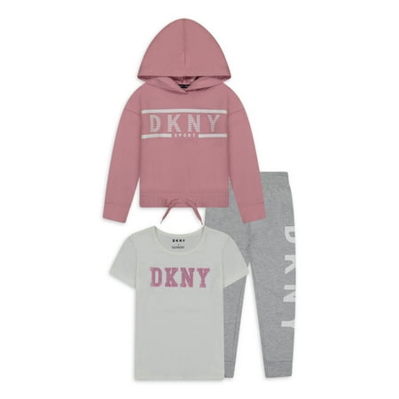 DKNY Girls' Logo Zip-Up Fleece Hoodie, T-Shirt and Sweatpants, 3-Piece Athleisure Set, Sizes 7-12