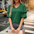 thumbnail image 3 of Blusa De Manga Corta Camiseta casual de manga abullonada doble Color sólido Cuello en V Verano para mujer (Verde oscuro XL Ygjytge para Mujer Verde oscuro T L, 3 of 7