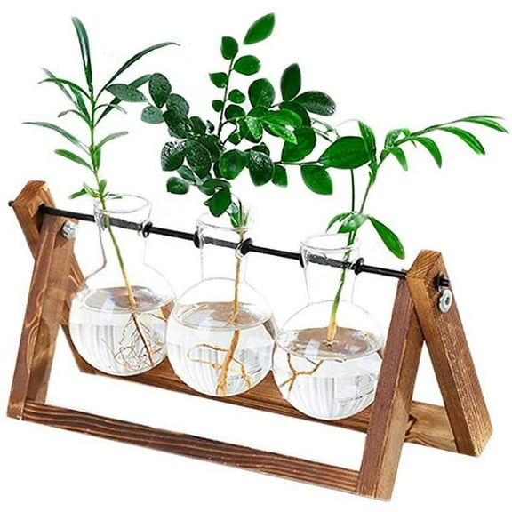 Terrarium with Wooden Stand Propagation Stations, Air Planter Bulb Glass Vase Metal Swivel Holder Retro Tabletop for Hydroponic Home Office Wedding Decoration