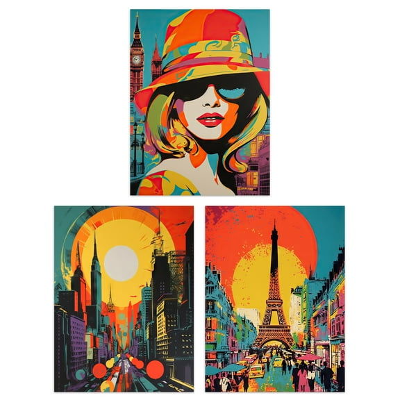 Set of 3 Prints London Paris New York Vibrant Bright Colourful 3 Pack 12X16" Poster Living Room Wall Art Prints