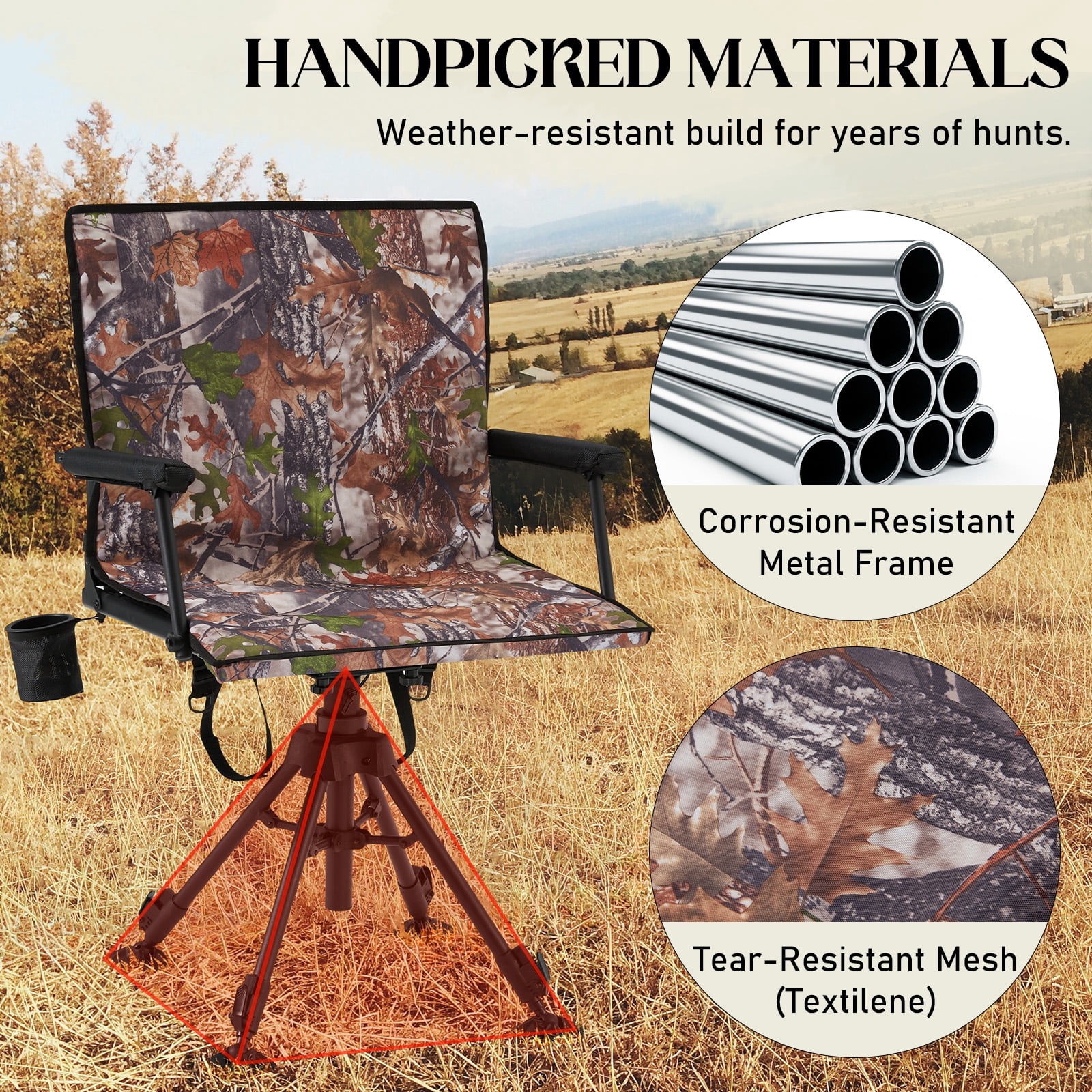 Bezliving 360° Silent Camo Hunting Blind Chair, Armrests, Side Pouch, Telescopic Legs