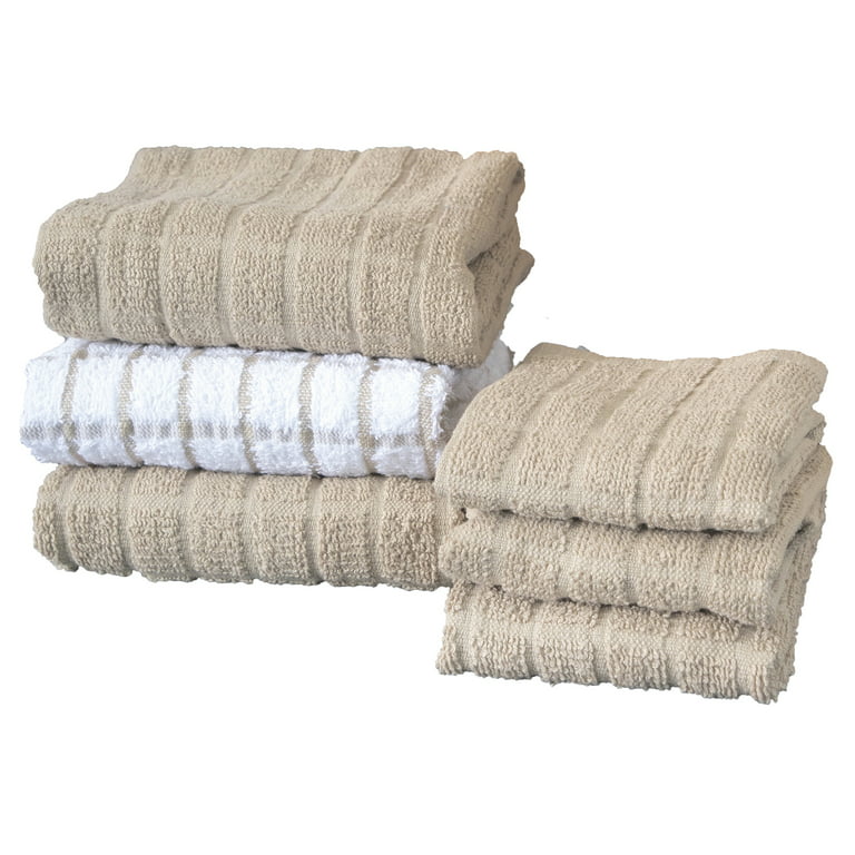 Everything Kitchens Modern Essentials Oversized Recycled Cotton Terry  Kitchen Towels (Set of 5) | Tan & White