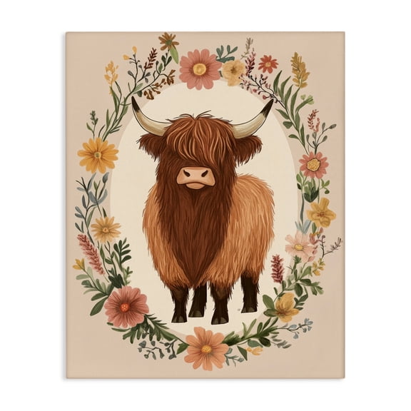 Stupell Industries Farmhouse Cutesy Floral Highland Cow Canvas Art, 16 x 20, by Petals Prints Design