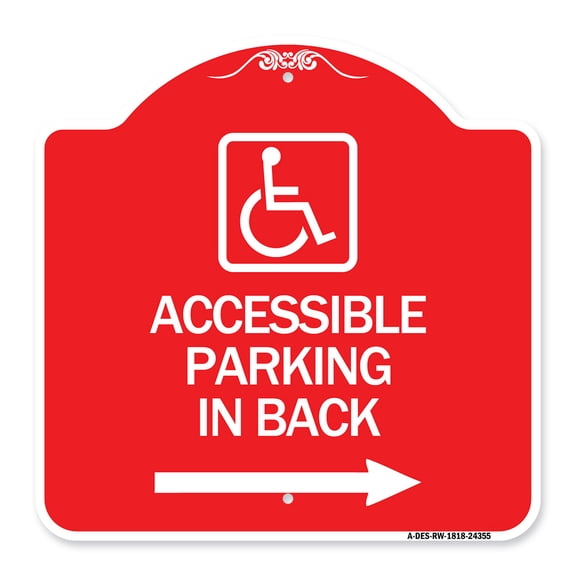 SignMission A-DES-RW-1818-24355 18 x 18 in. Designer Series Sign - Accessible Parking on Right Arrow with Graphic, Red & White