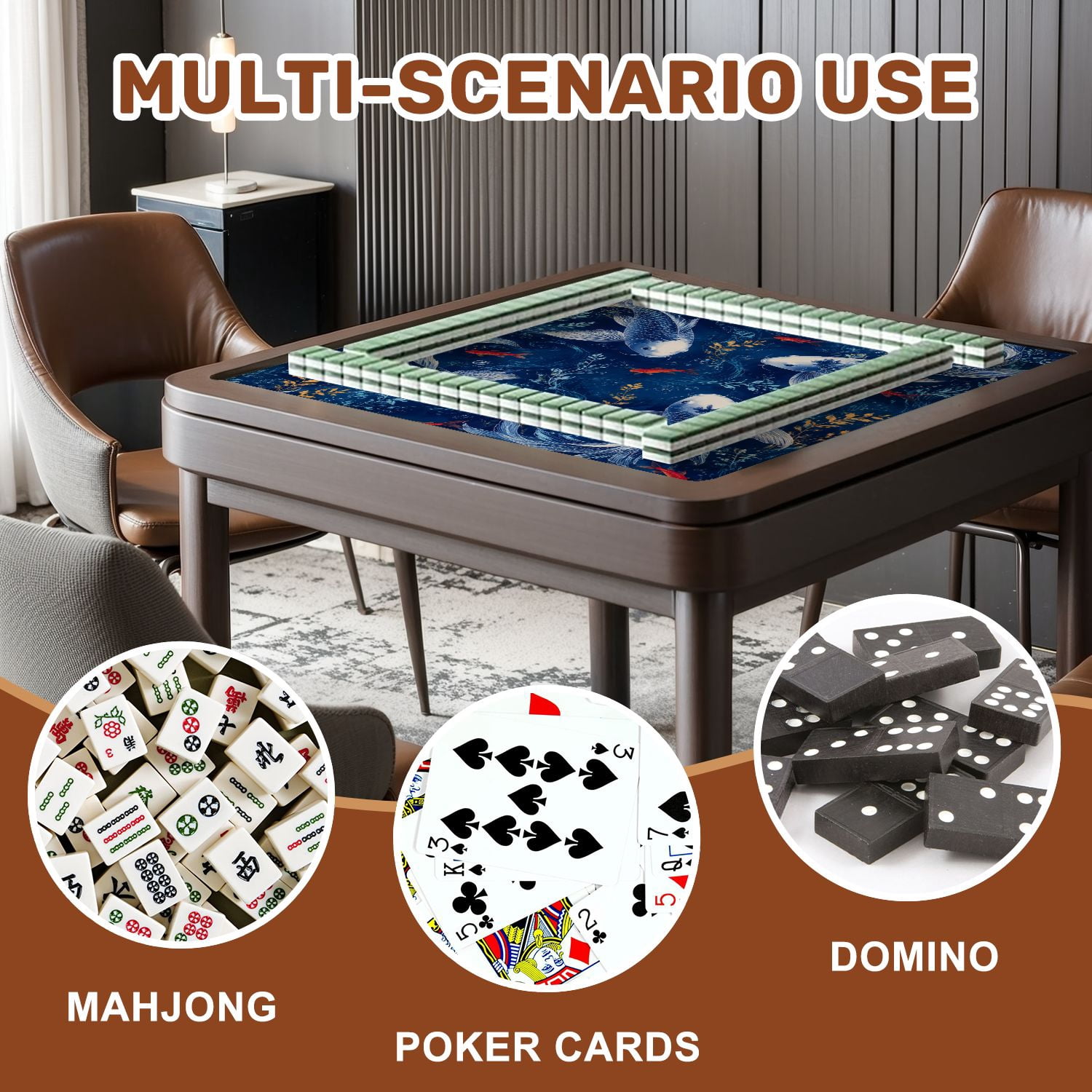 Mahjong Mat 31.5" x 31.5" Fish Flowing Lines Deep Blue Non-Slip Noise Reduction American Mahjong Tiles Table Cover for Dominoes Poker Card Board Games Gift