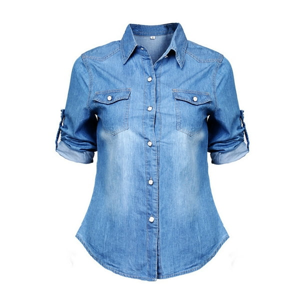 NEW Womens Denim Shirt Ladies Classic Fitted Shirts Size 8 10 12 14 ...