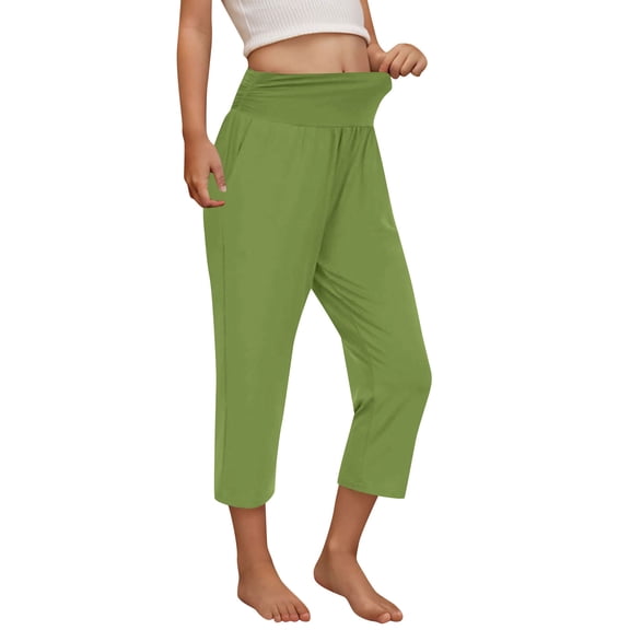 Fesfesfes Solid Color Stretch Yoga Capris for Toddlers with Pockets Elastic Waist Leisure Sports Pants 4-14 Years(Green,12 Years)