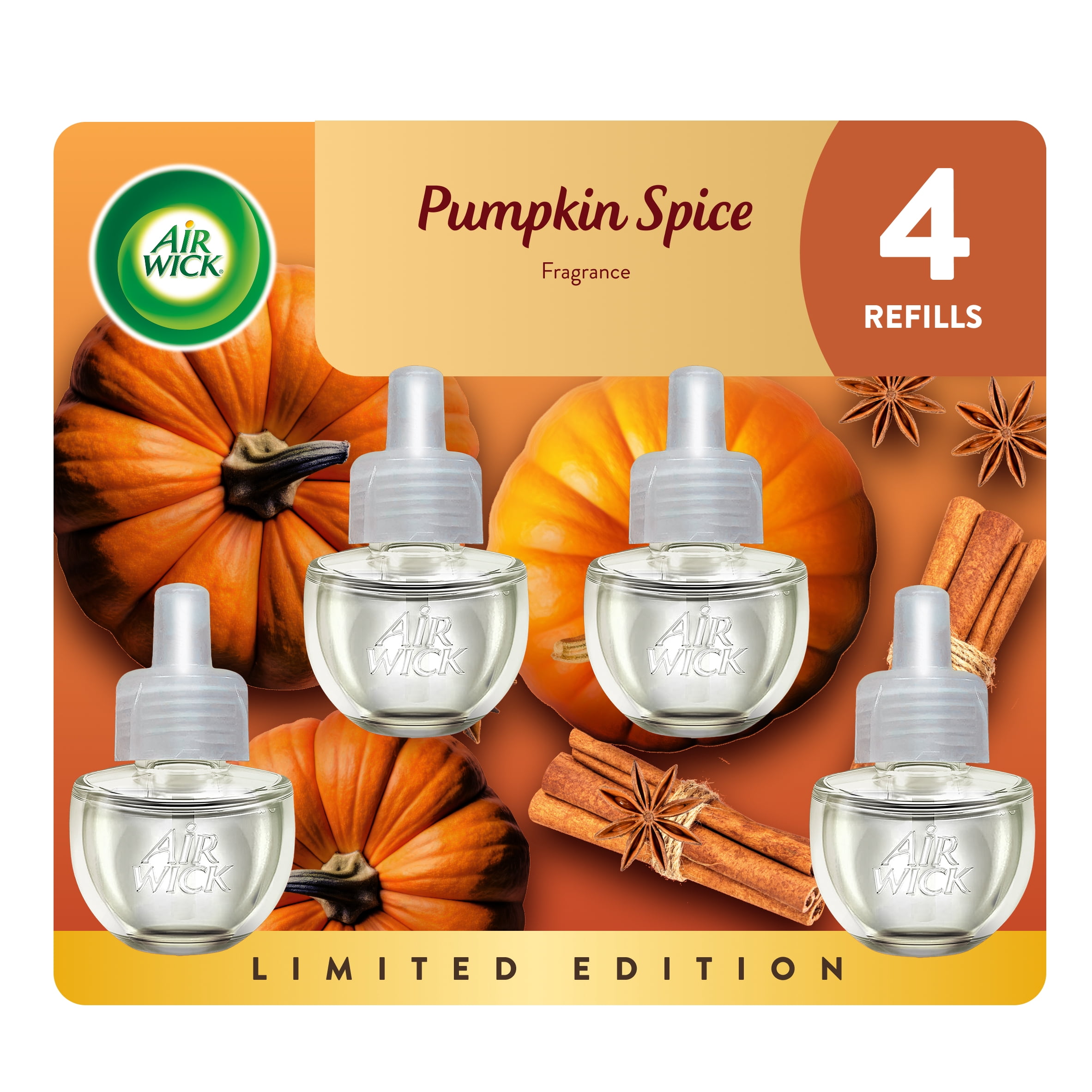 (5 pack) Air Wick Plug-in Fall Scented Oil Warmer Air Freshener Refills, Pumpkin Spice, 4 Count