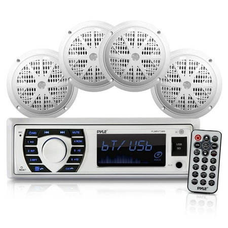 pyle marine radio receiver speaker set 12v single din style bluetooth waterproof digital boat white