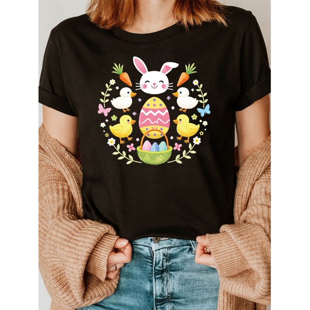 Camiseta con estampado de conejo y huevo de Pascua para mujer: cuello redondo, manga corta, elástica y cómoda.