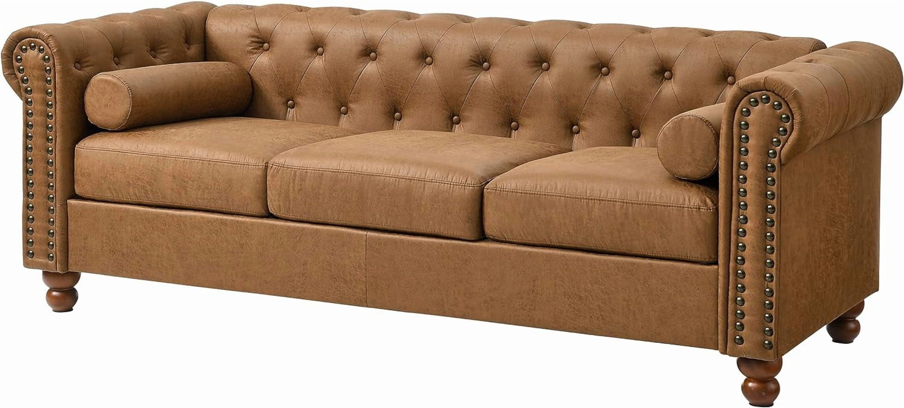 Luxurious Air Leather Chesterfield Sofa, 3-Seater with Rolled Arms, Tufted Design, Nailhead Accents, and Neck Roll Pillows for Cozy Living Spaces
