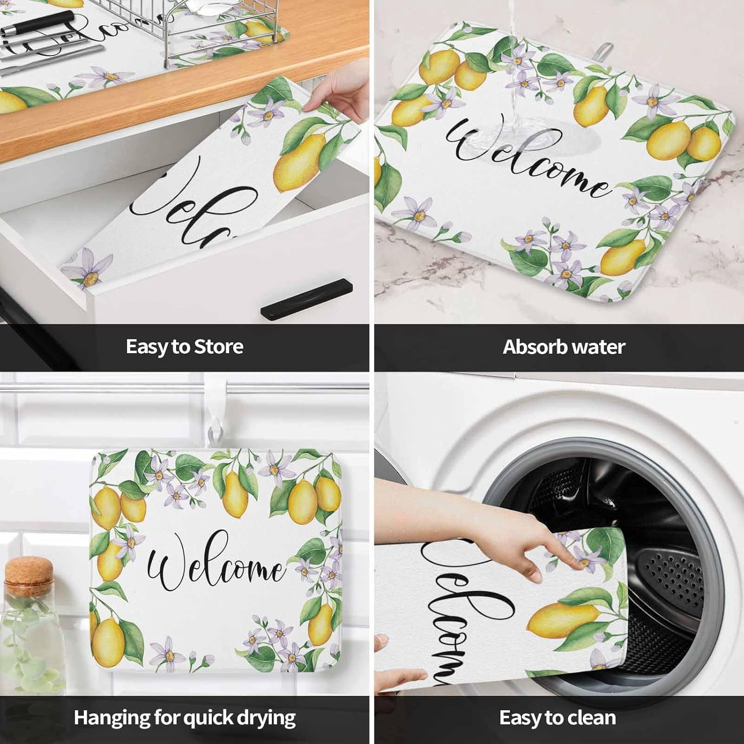Summer Lemon Dish Drying Mat for Kitchen Counter, Yellow Green Botanical Rustic Welcome Baby Bottle Microfiber Drying Pad, Absorbent Coffee Cup Dishes Drainer Mats 18"x24", 2 Pcs