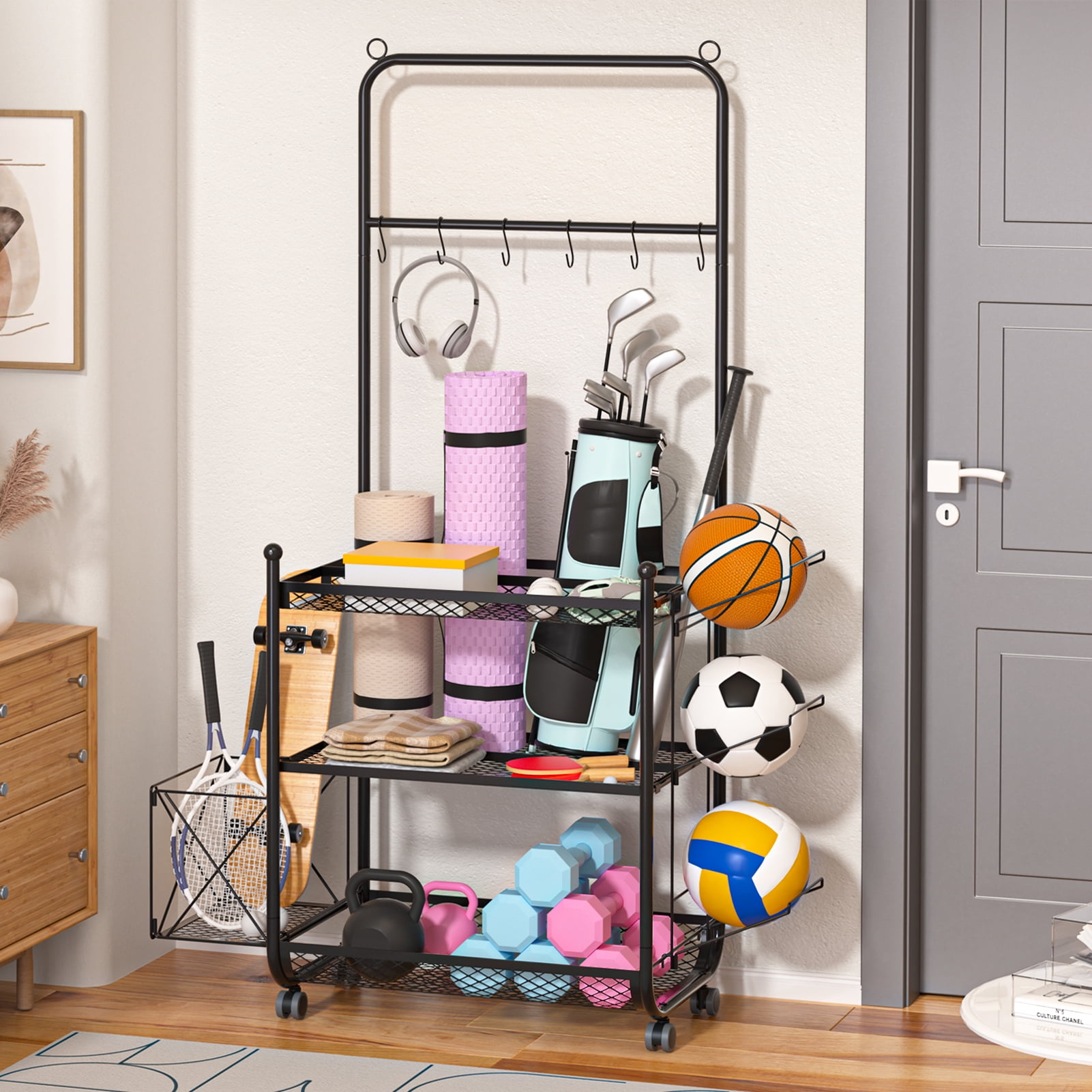 Dumbbell Rack Stand, Yoga Mat Storage Rack, Home Gym Weight Rack for Kettlebells Foam Roller, Workout Equipment Organizer with Hooks and Wheels