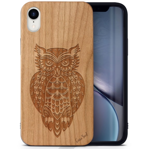 Case Yard Wooden Case Outside Soft TPU Silicone, Slim Fit Shockproof Wood Protective Phone Cover for Girls Boys Men and Women, Supports Wireless Charging Owl 3 Design case for iPhone-XR