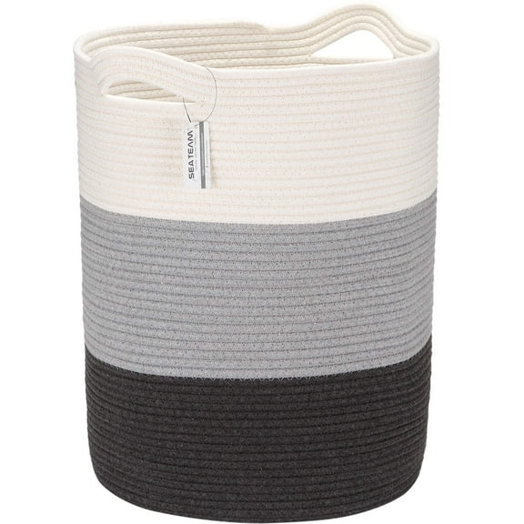 Sea Team Large Size Cotton Rope Woven Storage Basket Laundry Hamper with Handles, 14 x 20 inches, White and Grey