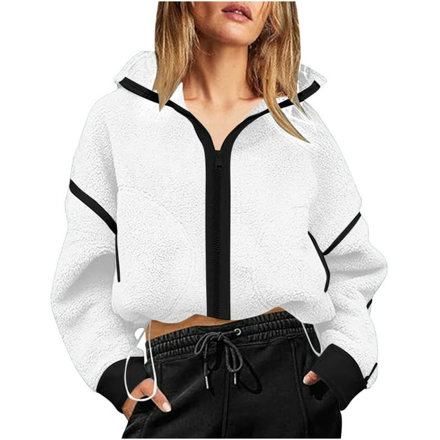 White Long Sleeve Jackets for Women Winter Fall Fleece Lined Wool Color Block Crop Brunch Going Out Ruched Warm Fuzzy Paperbag Basic Jacket Outfits Womens Zip Up 2025 XL