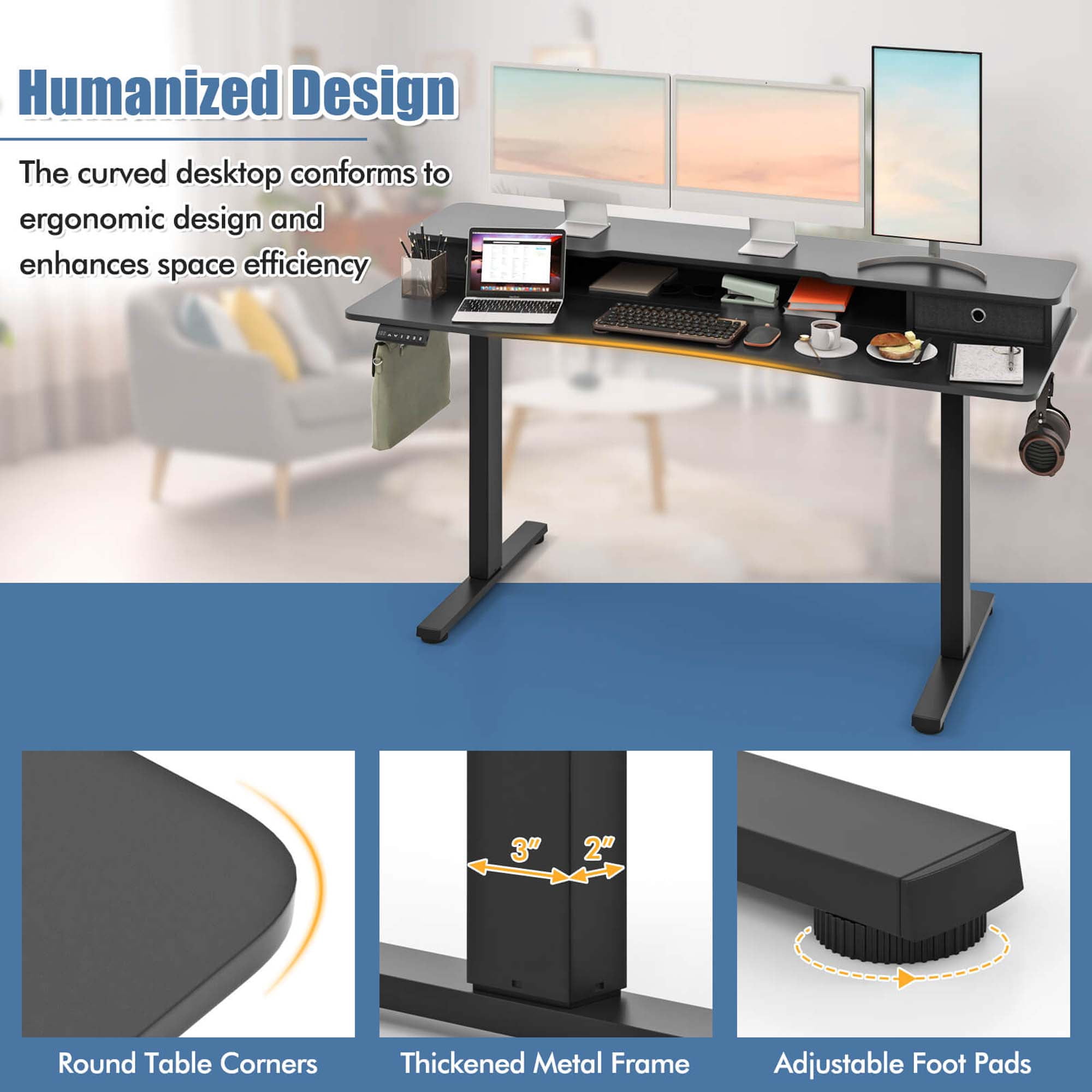 Costway 63" x 24" Electric Standing Desk with 2 Drawers Monitor Stand Storage Shelf Black