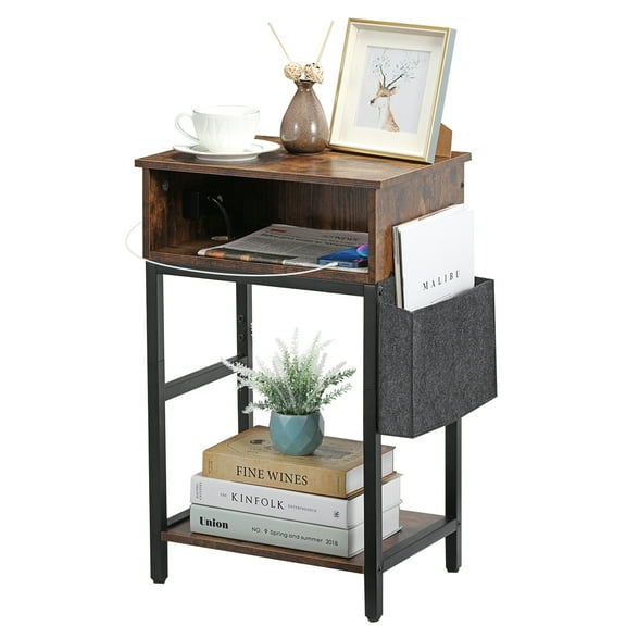 Bedside Table with Charging Station End Table with Organizer Bag, Drawer and USB Port and Power Outlet Bedside Frame Suitable for small spaces Living room, bedroom, rustic brown