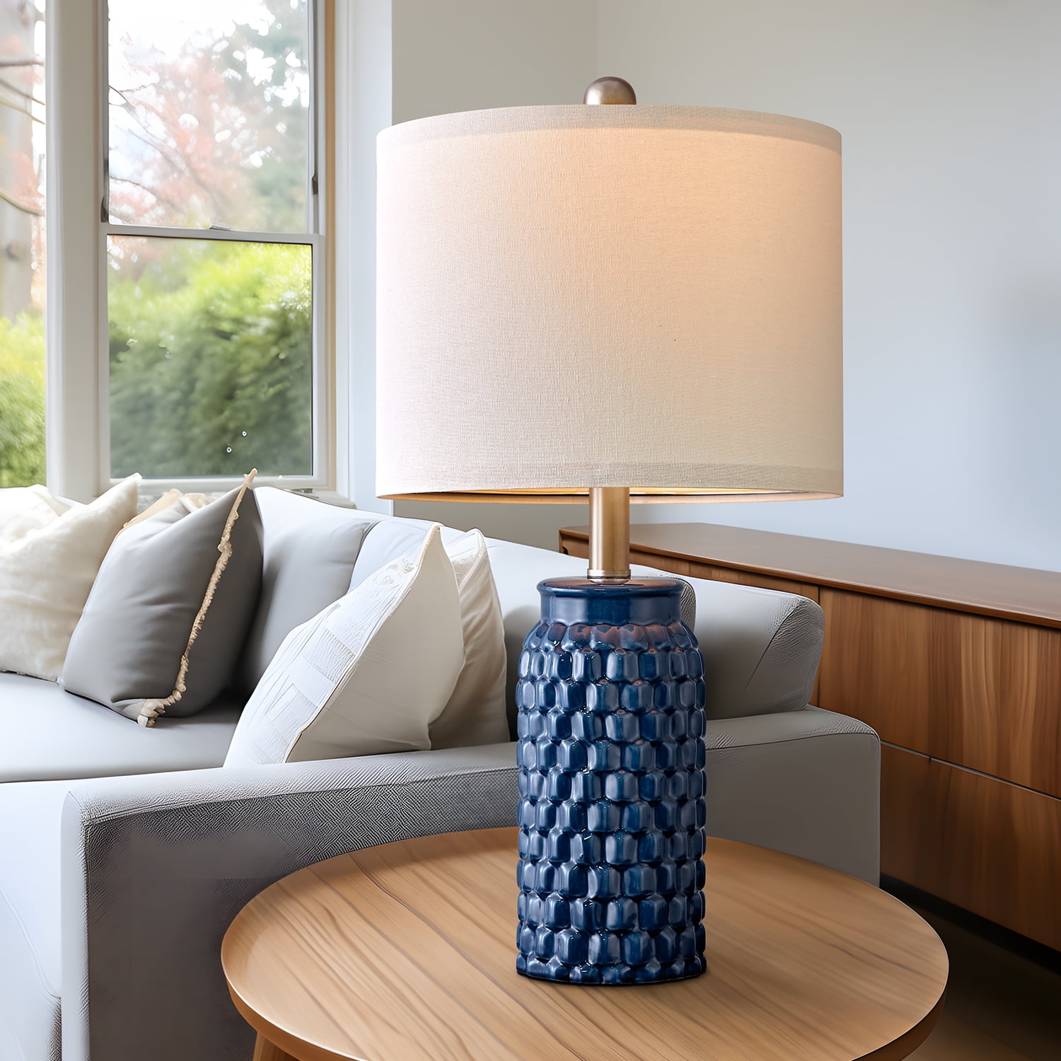 Oneach Modern Table Lamp Set of 2 for Bedroom Living Room 20.5" Contemporary Dark Blue Ceramic Bedside Nightstand Lamps