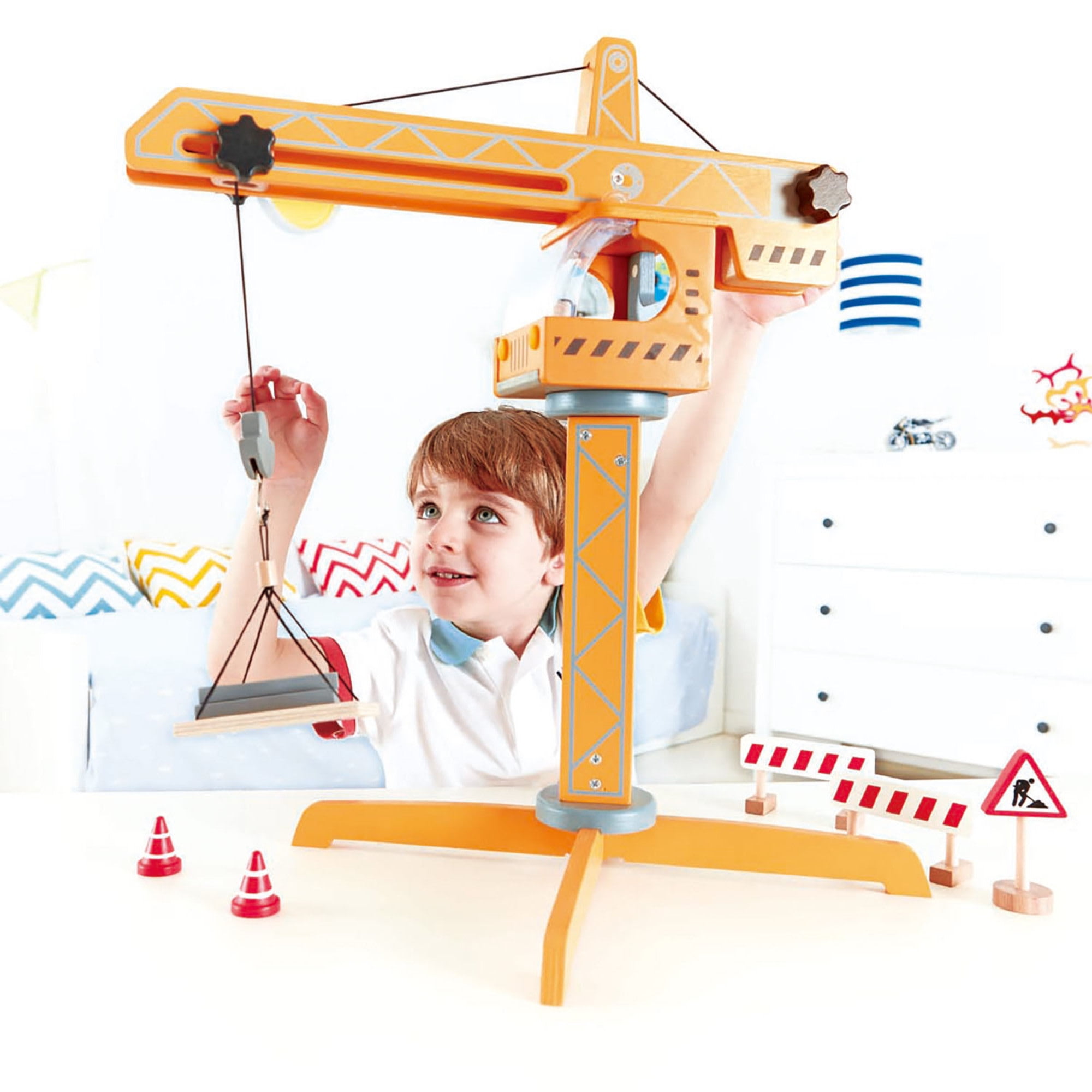  Hape Crane and Cargo Train Set  Wooden Railway Toy Set with  Magnetic Crane, Button Operated Loader and Adjustable Rail Signal  Multicolor, 19.69 Large x 19.69 W x 15.16 H ,count