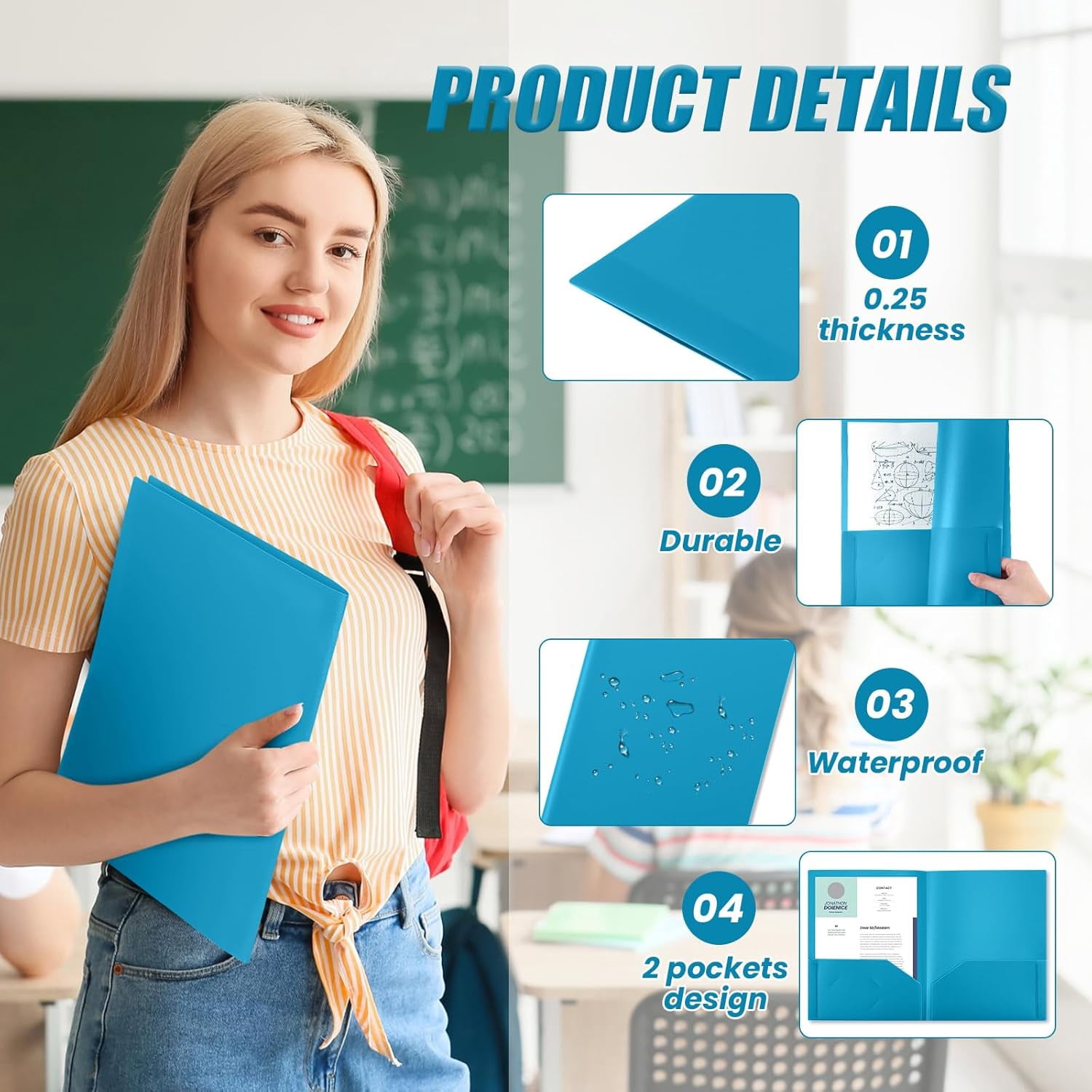 Heavy Duty Two Pocket Plastic Folders with Pockets, Letter Size School Office Folders, 11.61 x 9.45 Inches, Business Card Holder, Blue, 50 Pack