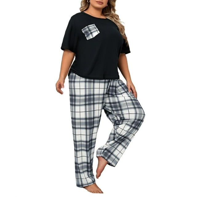 Casual-Casual Plaid Scoop Neck Tee Pant Sets Elbow-Length Black and ...