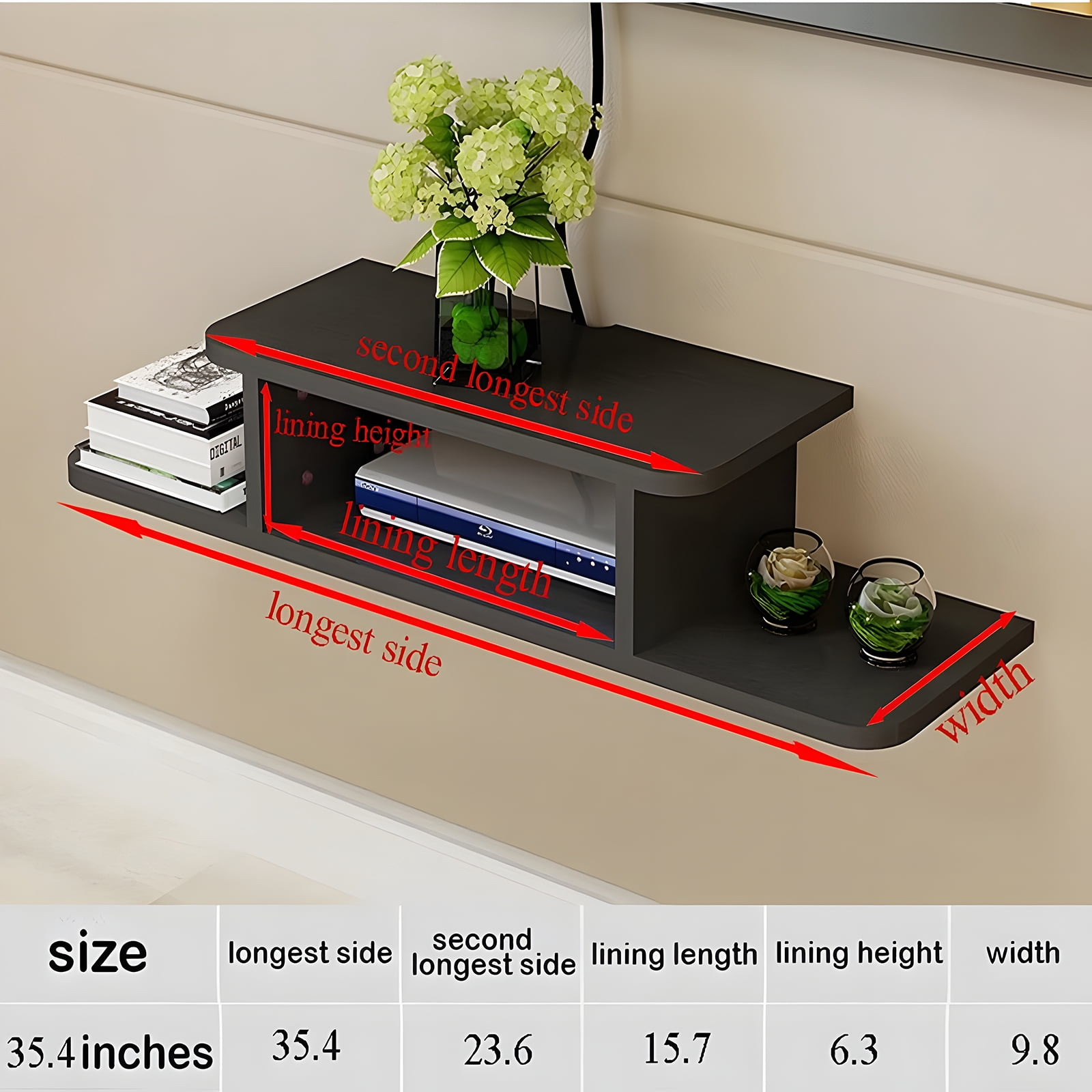 BiJun Floating TV Stand Wall Mounted, Router DVD Shelf, for Media Equipment, Black