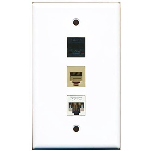 RiteAV - 1 Port Phone RJ11 RJ12 Beige and 1 Port Cat5e Ethernet White and 1 Port Cat5e Ethernet Black Wall Plate