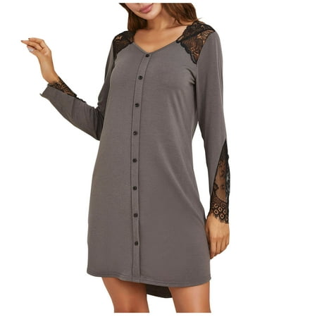 

Women s Nightgown Lace Splicing V Neck Sleepwear Long Sleeves Nightshirts Soft Button Sleep Dress Pajamas Sleepshirts