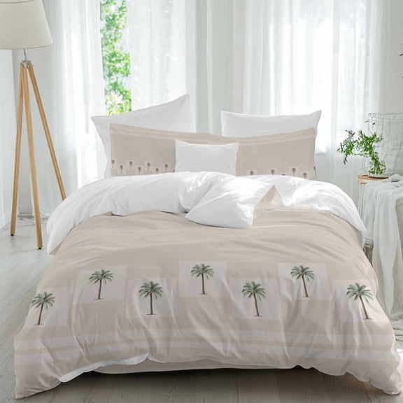 Palm Trees Full Size Comforter Set, Vintage Tropical Plants Geometric Rectangle Khaki Stripes Bedding for All Seasons, 4 Pcs Bed Set, 1Quiltcover (86"x86") ,1Sheet(80"x116"), 2Pillowcases (30"x20")