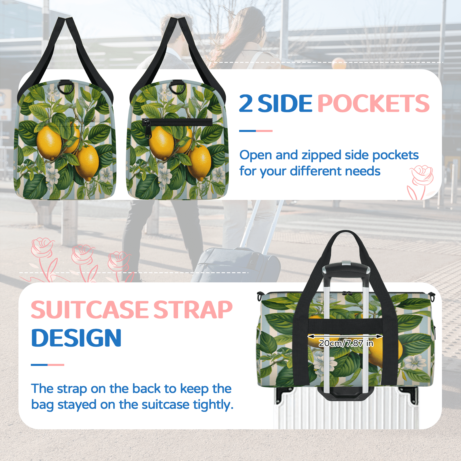 Herdesigns Lemon Fruit Flowers Gym Bag for Women, Duffle Bag for Travel Sport, Lightweight Waterproof Carry on Weekender Overnight Dance Yoga Workout Bags