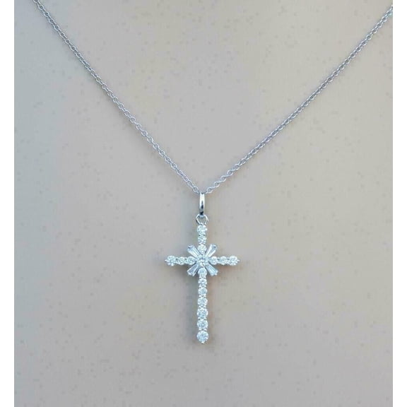 14K White Gold Plated 2.00Ct Round Cut Lab-Created Diamond Women's Cross Pendant 925 Silver 18" Free Chain