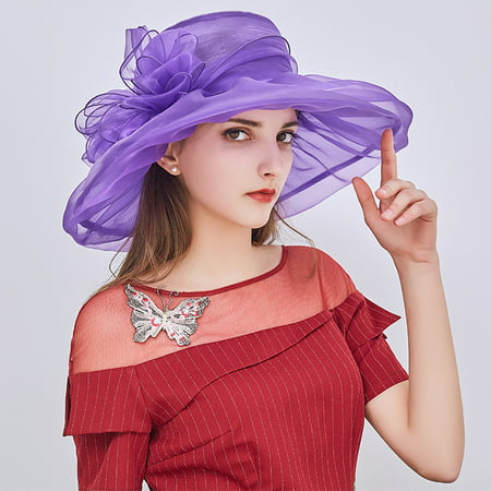 Fashion Women Girl Floppy Elegant Summer Beach Kentucky Derby Wide Brim Church Hat(Purple)