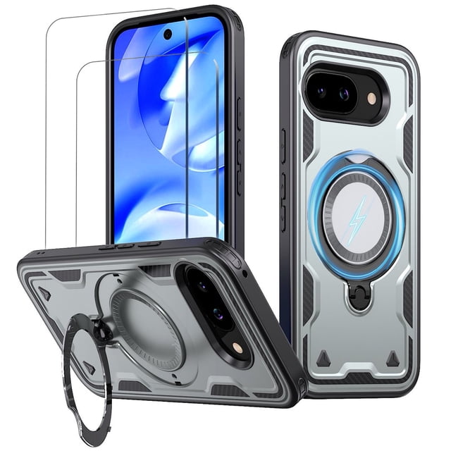 Pour Google Pixel 9A Case, Compatible avec MagSafe, 2 Pack Glass Screen Protector, Built-in KickStand Grip Ring, Heavy Duty Military Grade Shockproof Rugged Phone Étui pour Pixel 9A 6.3 Pouces(Gray)