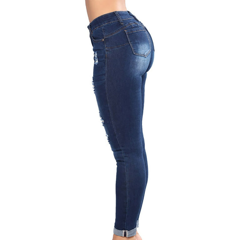Mid Wash Distressed Bum Rip High Waisted Skinny Jeans