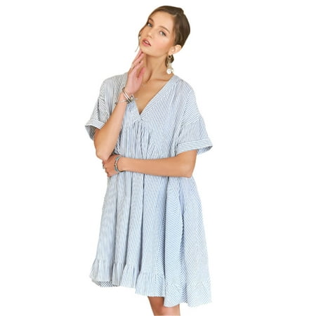 ADORA Ruffled Hem Striped V-Neck Babydoll Dress