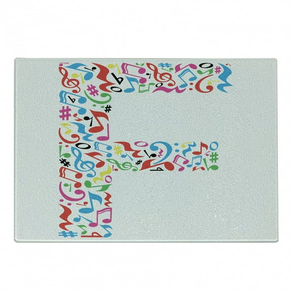 Letter F Cutting Board, Letter F Alphabet with Vibrant Music Notes Harmony Song Design ABC Graphic Print, Decorative Tempered Glass Cutting and Serving Board, Small Size, Multicolor, by Ambesonne