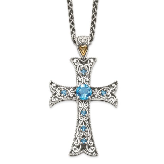 Diamond2Deal 925 Sterling Silver Rhodium-plated with 14K Accent Antiqued Round Blue Topaz Cross Necklace for Women 18"