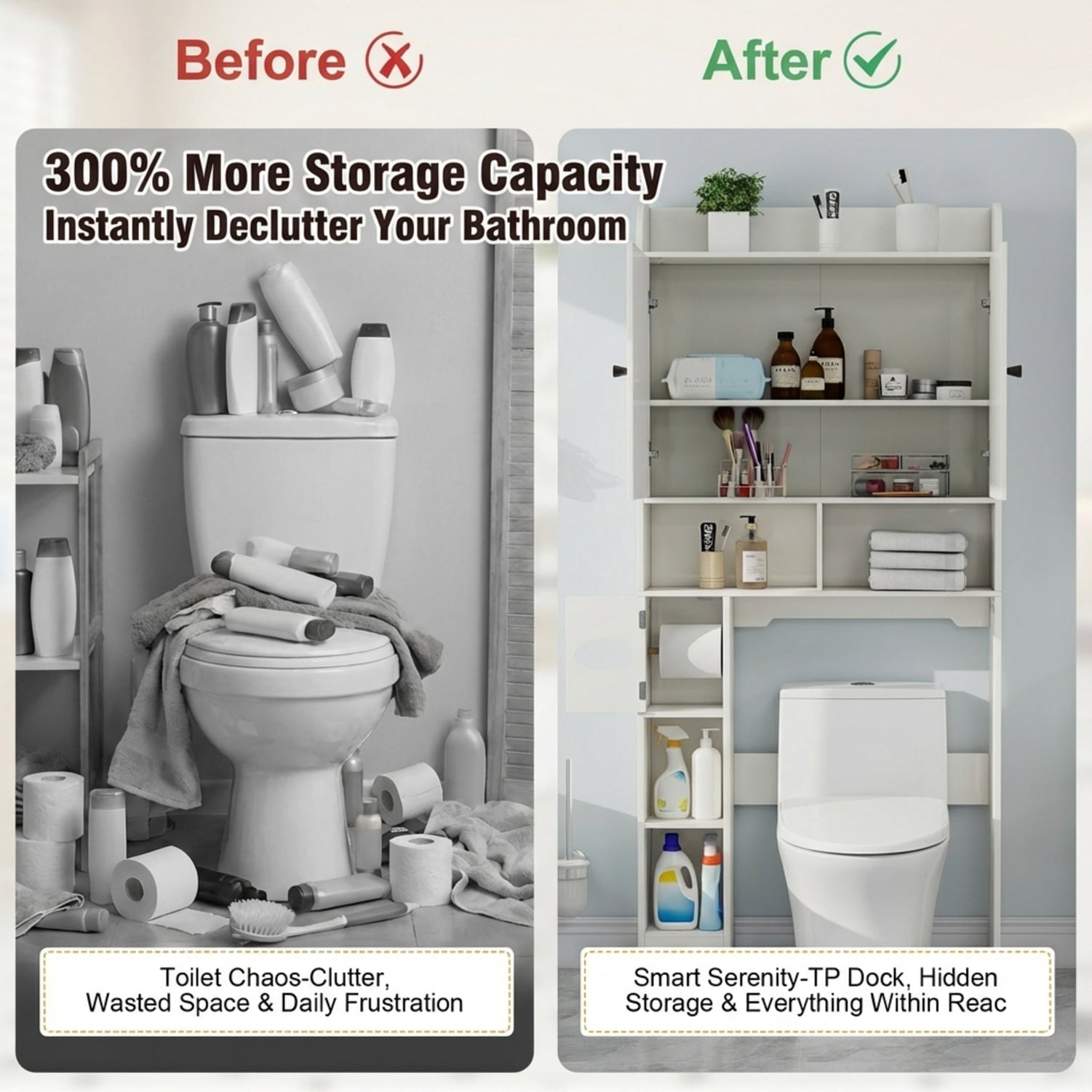 Over The Toilet Storage Cabinet, White Bathroom Organizer with Reversible Side Shelves, 32.3"W Farmhouse Rack with Barn Doors