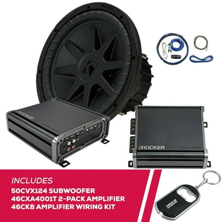 New Kicker 50CVX124 Subwoofer w/ 2-Pack 46CXA4001T Mono Amplifiers & Amp Wiring Kit