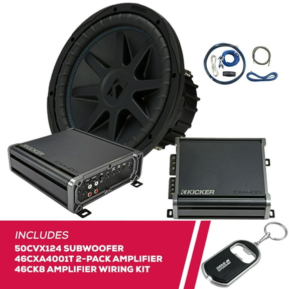 New Kicker 50CVX124 Subwoofer w/ 2-Pack 46CXA4001T Mono Amplifiers & Amp Wiring Kit