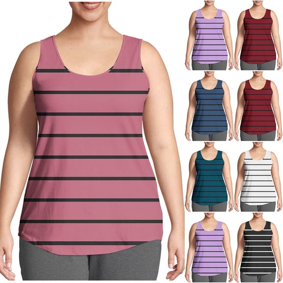 Bixock Plus Size Tank Tops for Women,Summer Women Tops,Blouse for Women Stripe Print Round Neck Cami Sleeveless Casual Wear Shirts