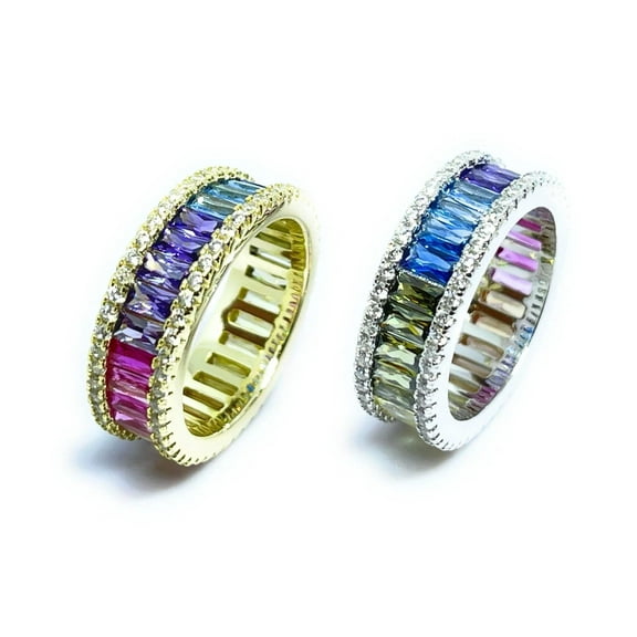 ADIRFINE 925 Sterling Silver Multi Colored Baguette Cubic Zirconia Eternity Band