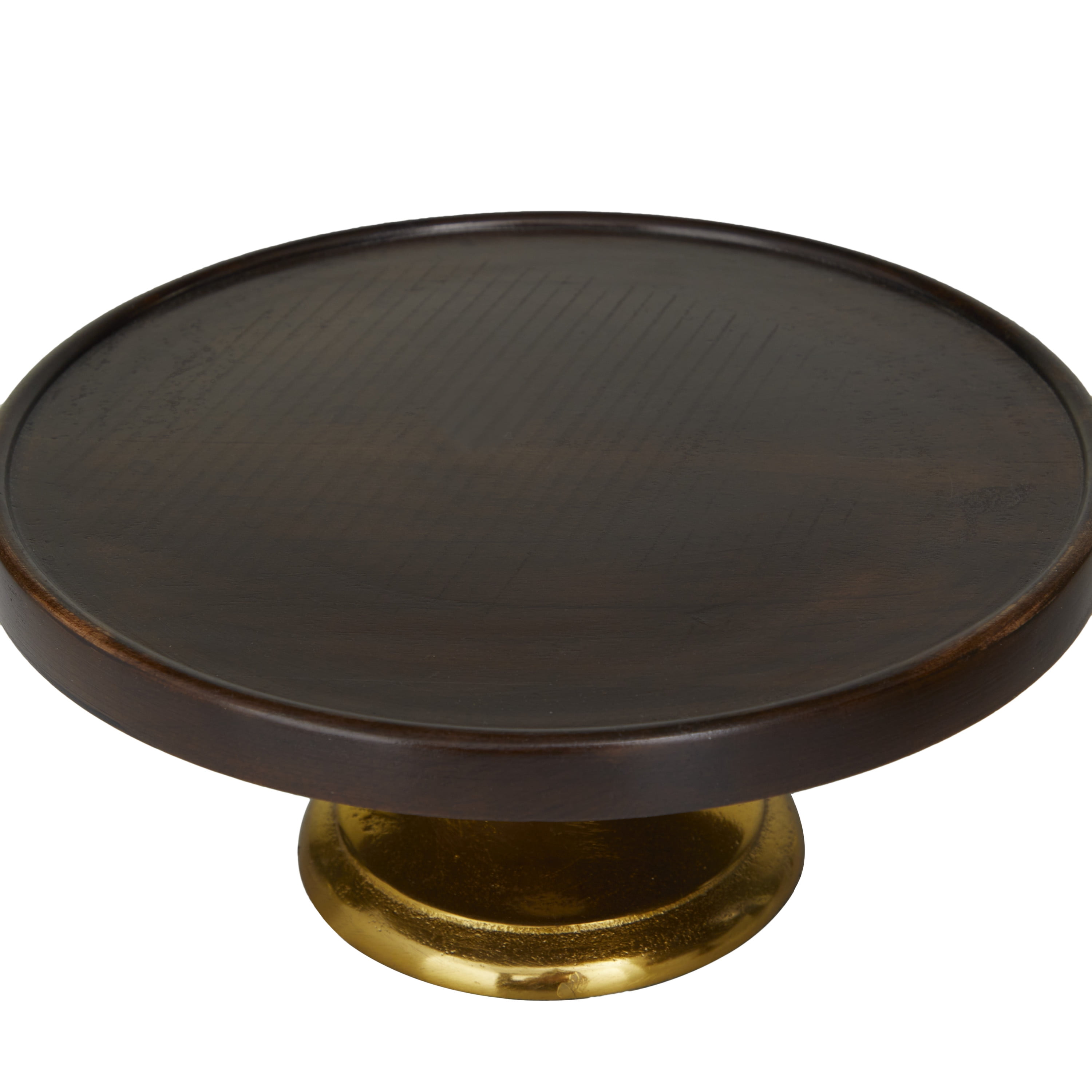 DecMode 14", 12", 10"W Dark Brown Mango Wood Cake Stand with Gold Aluminum Bases, 3-Pieces