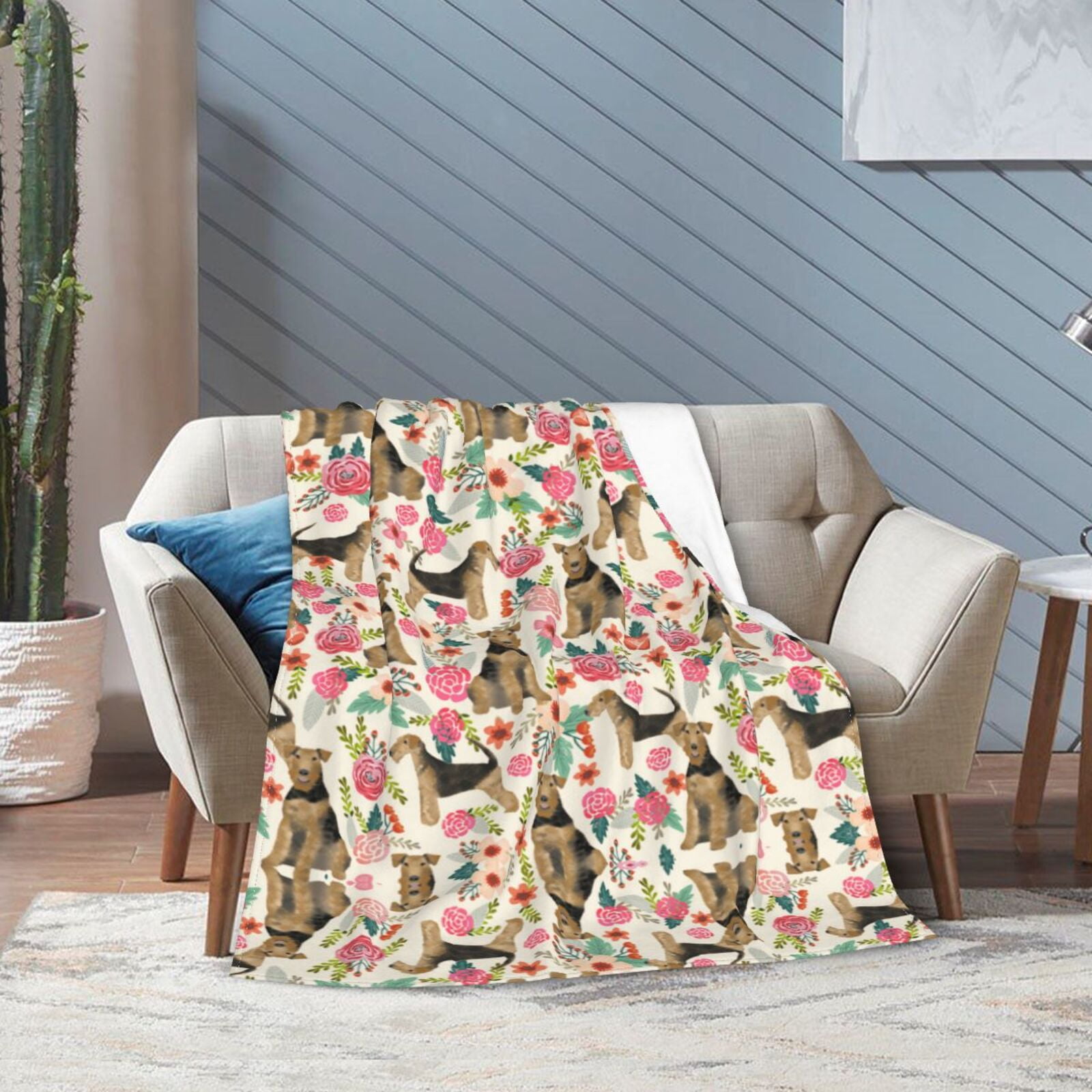 Wijzvio Terrier Dogs Lovers Flower Floral Throw Blanket Soft Fuzzy Fleece Blanket For Couch Bed Living Room Decoration 50"X40"
