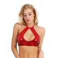 thumbnail image 2 of RUNQHUI Women's Shiny Metallic Keyhole Crop Top Halter Backless Rave Bandeau Vest Bra Clubwear Red One Size, 2 of 6